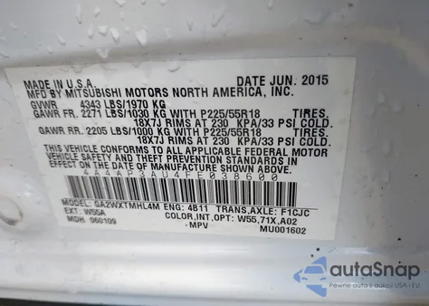 2015 Mitsubishi Outlander Sport Es from USA, damaged, VIN 4A4AP3AU4FE038600